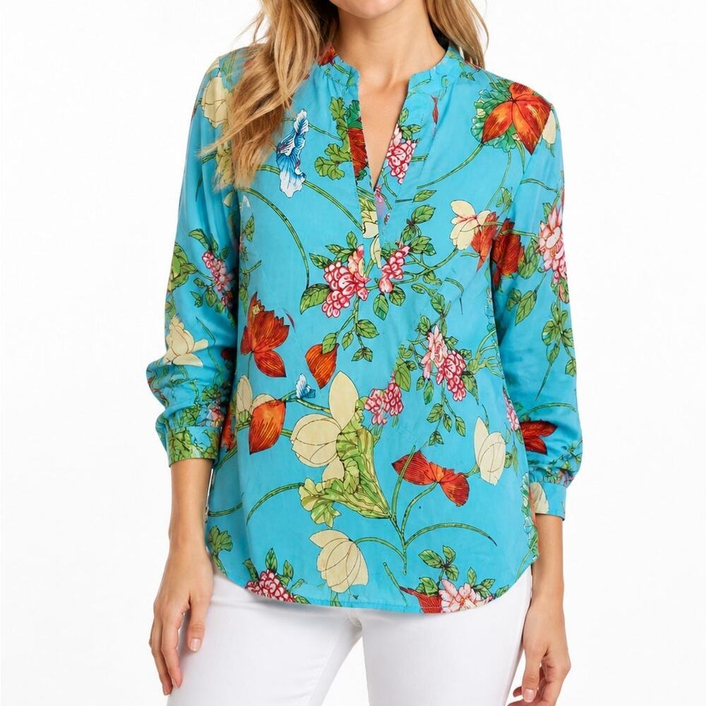 Natori Vibrant Boho Turquoise Floral Print Blouse